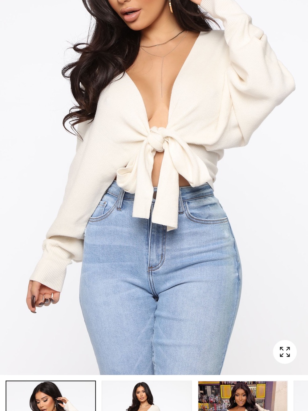 Fashion Nova Cream Tie-Front Knit Hoodie